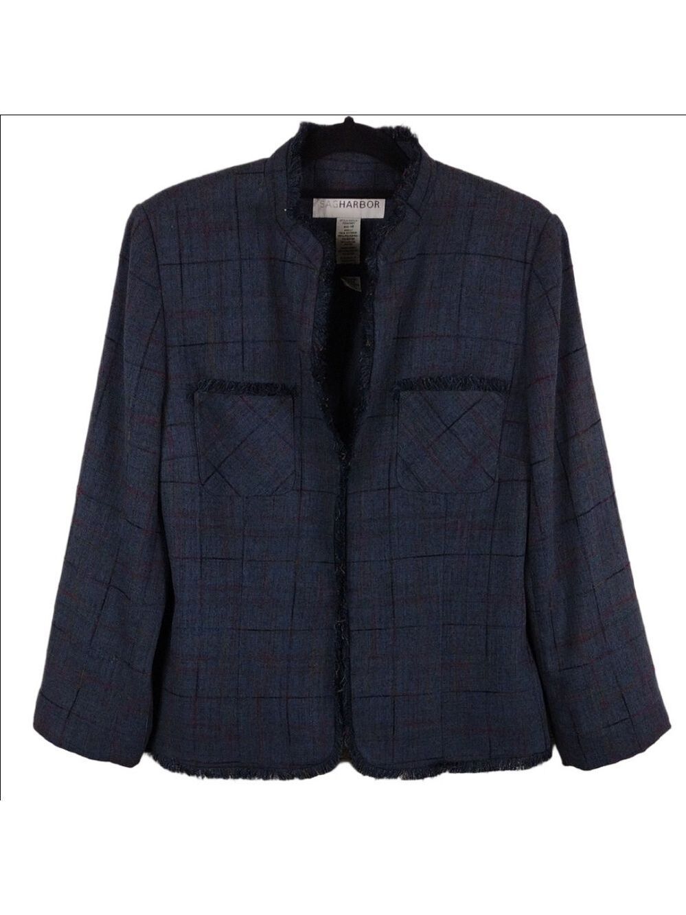 Sag Harbor Blue Red Checkered Plaid Fringe Detail Stand Up Collar Blazer Jacket